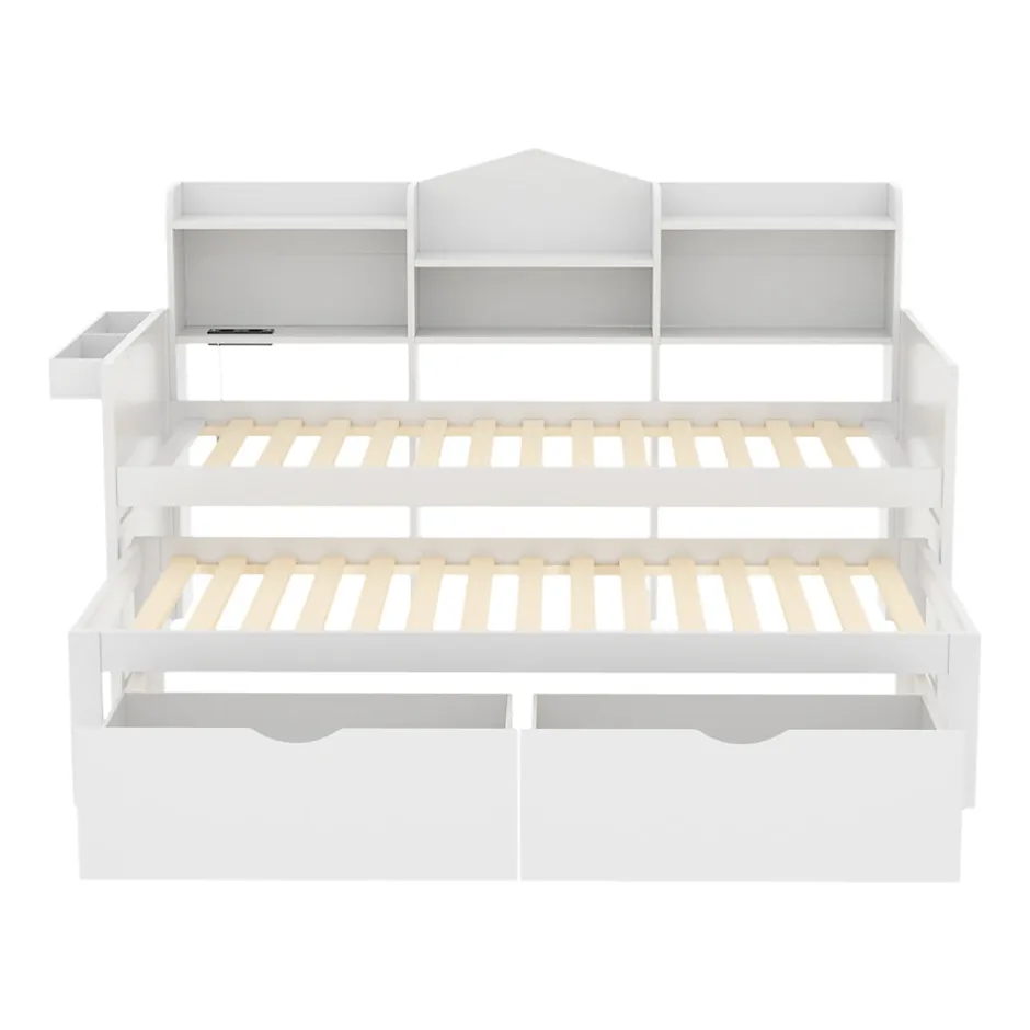 Okwish Lit Gigogne Simple 90x200 cm avec Lit 90x190 cm, Tiroirs et Grand Rangement, Port USB Intégré Bois Blanc, Multifonction, Blanc