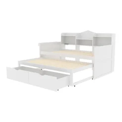 Okwish Lit Gigogne Simple 90x200 cm avec Lit 90x190 cm, Tiroirs et Grand Rangement, Port USB Intégré Bois Blanc, Multifonction, Blanc