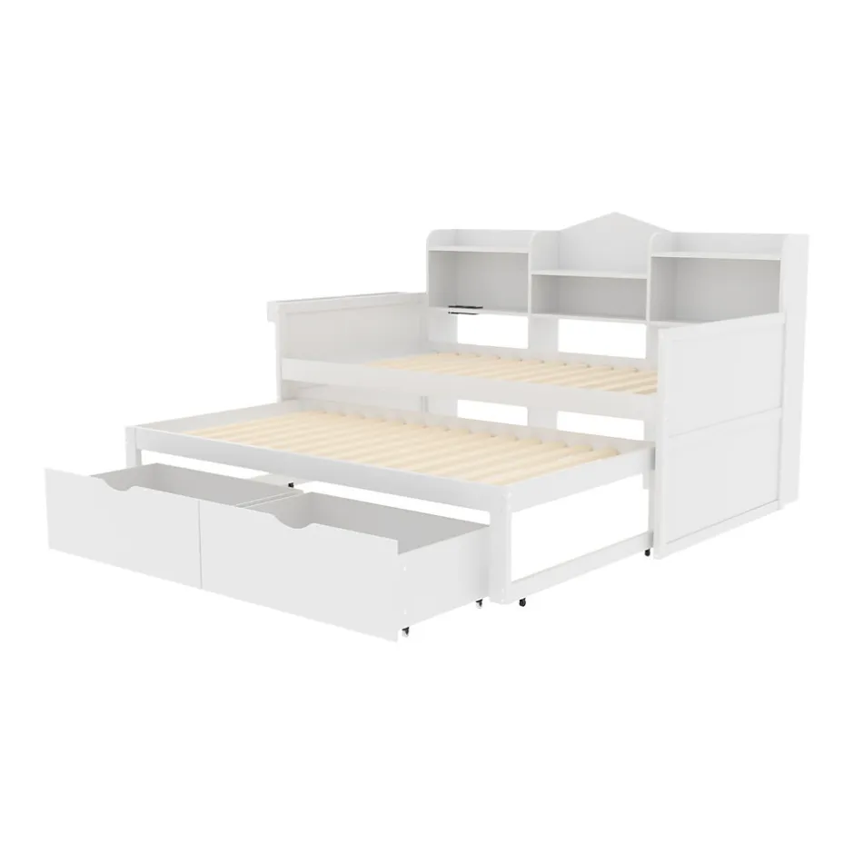 Okwish Lit Gigogne Simple 90x200 cm avec Lit 90x190 cm, Tiroirs et Grand Rangement, Port USB Intégré Bois Blanc, Multifonction, Blanc