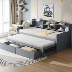 Okwish Lit Gigogne Simple 90x200 cm avec Lit 90x190 cm, Tiroirs et Grand Rangement, Port USB Intégré Bois Gris, Multifonction, Gris
