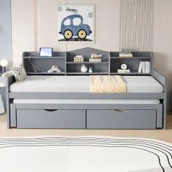 Okwish Lit Gigogne Simple 90x200 cm avec Lit 90x190 cm, Tiroirs et Grand Rangement, Port USB Intégré Bois Gris, Multifonction, Gris