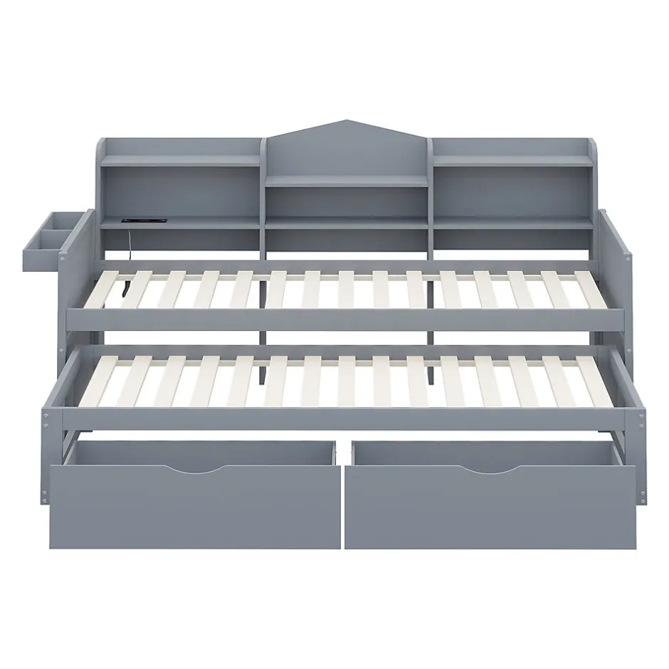 Okwish Lit Gigogne Simple 90x200 cm avec Lit 90x190 cm, Tiroirs et Grand Rangement, Port USB Intégré Bois Gris, Multifonction, Gris