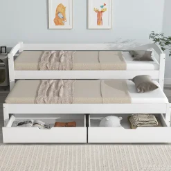Okwish Lit Gigogne Simple 200x90 cm et 190x90 cm - avec Tiroirs de Rangement, Bois de Pin et MDF, Blanc, Sans Matelas