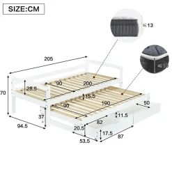 Okwish Lit Gigogne Simple 200x90 cm et 190x90 cm - avec Tiroirs de Rangement, Bois de Pin et MDF, Blanc, Sans Matelas