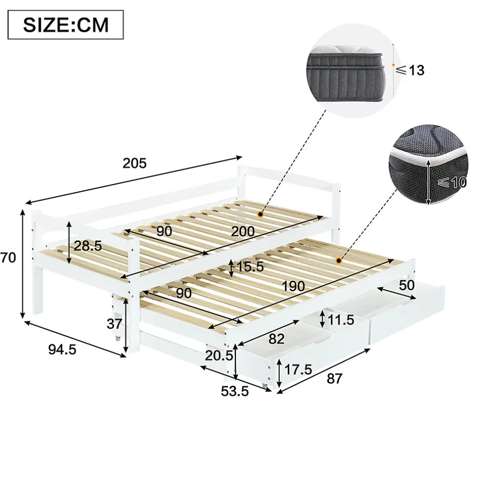 Okwish Lit Gigogne Simple 200x90 cm et 190x90 cm - avec Tiroirs de Rangement, Bois de Pin et MDF, Blanc, Sans Matelas