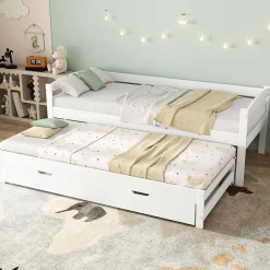 Okwish Lit Gigogne Simple 200x90 cm et 190x90 cm - avec Tiroirs de Rangement, Bois de Pin et MDF, Blanc, Sans Matelas