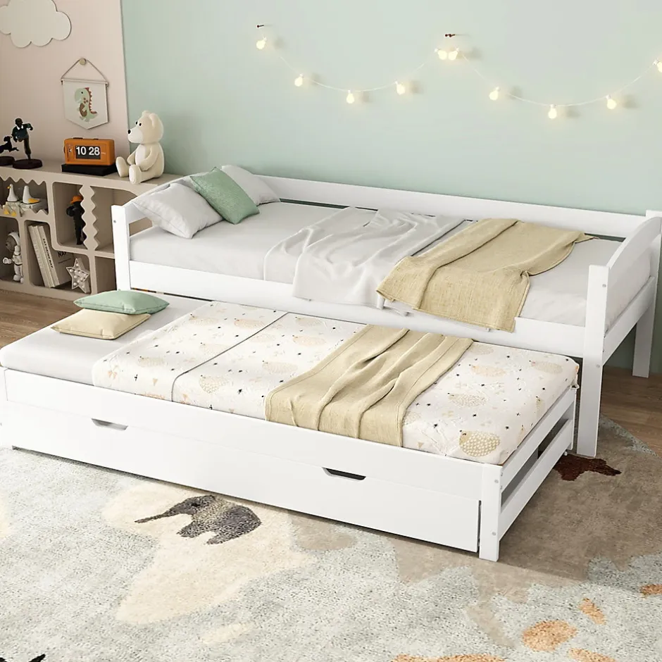 Okwish Lit Gigogne Simple 200x90 cm et 190x90 cm - avec Tiroirs de Rangement, Bois de Pin et MDF, Blanc, Sans Matelas