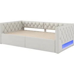 Okwish Lit Gigogne 90x200 à 180x200 cm - Lit avec Rangement Intégré et Éclairage LED - Beige