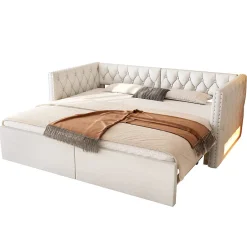 Okwish Lit Gigogne 90x200 à 180x200 cm - Lit avec Rangement Intégré et Éclairage LED - Beige