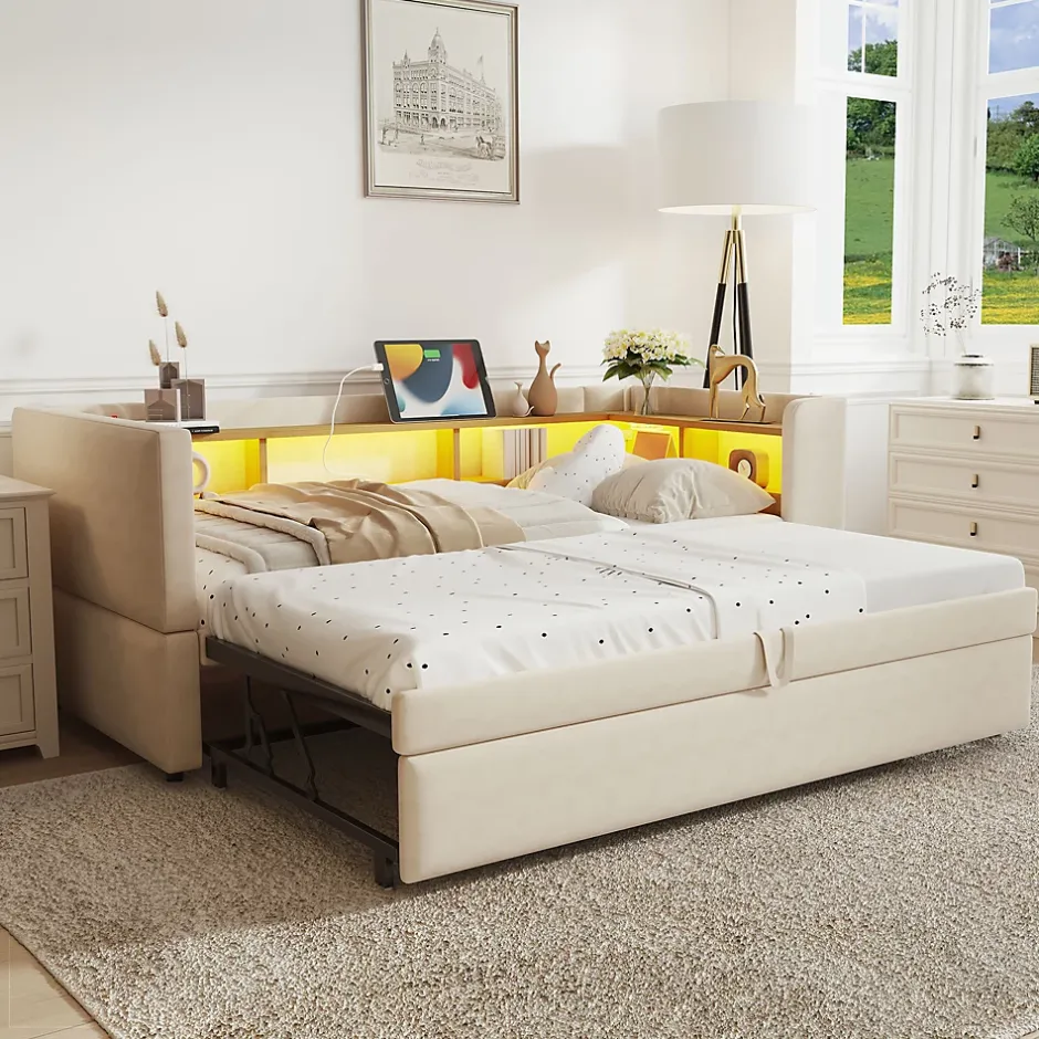Okwish Lit Gigogne 90/180x190 cm - avec LED et Prise USB, Rangement sous Le Lit, Multifonction en Flanelle et Métal, Beige, Sans Matelas Discount