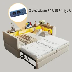 Okwish Lit Gigogne 90/180x190 cm - avec LED et Prise USB, Rangement sous Le Lit, Multifonction en Flanelle et Métal, Beige, Sans Matelas Discount