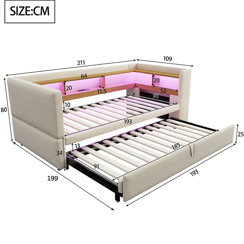 Okwish Lit Gigogne 90/180x190 cm - avec LED et Prise USB, Rangement sous Le Lit, Multifonction en Flanelle et Métal, Beige, Sans Matelas Discount