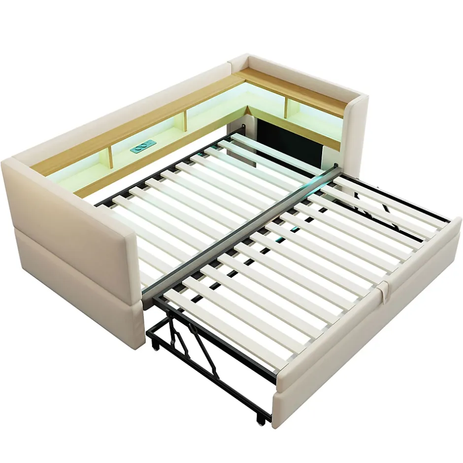 Okwish Lit Gigogne 90/180x190 cm - avec LED et Prise USB, Rangement sous Le Lit, Multifonction en Flanelle et Métal, Beige, Sans Matelas Discount