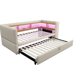 Okwish Lit Gigogne 90/180x190 cm - avec LED et Prise USB, Rangement sous Le Lit, Multifonction en Flanelle et Métal, Beige, Sans Matelas Discount