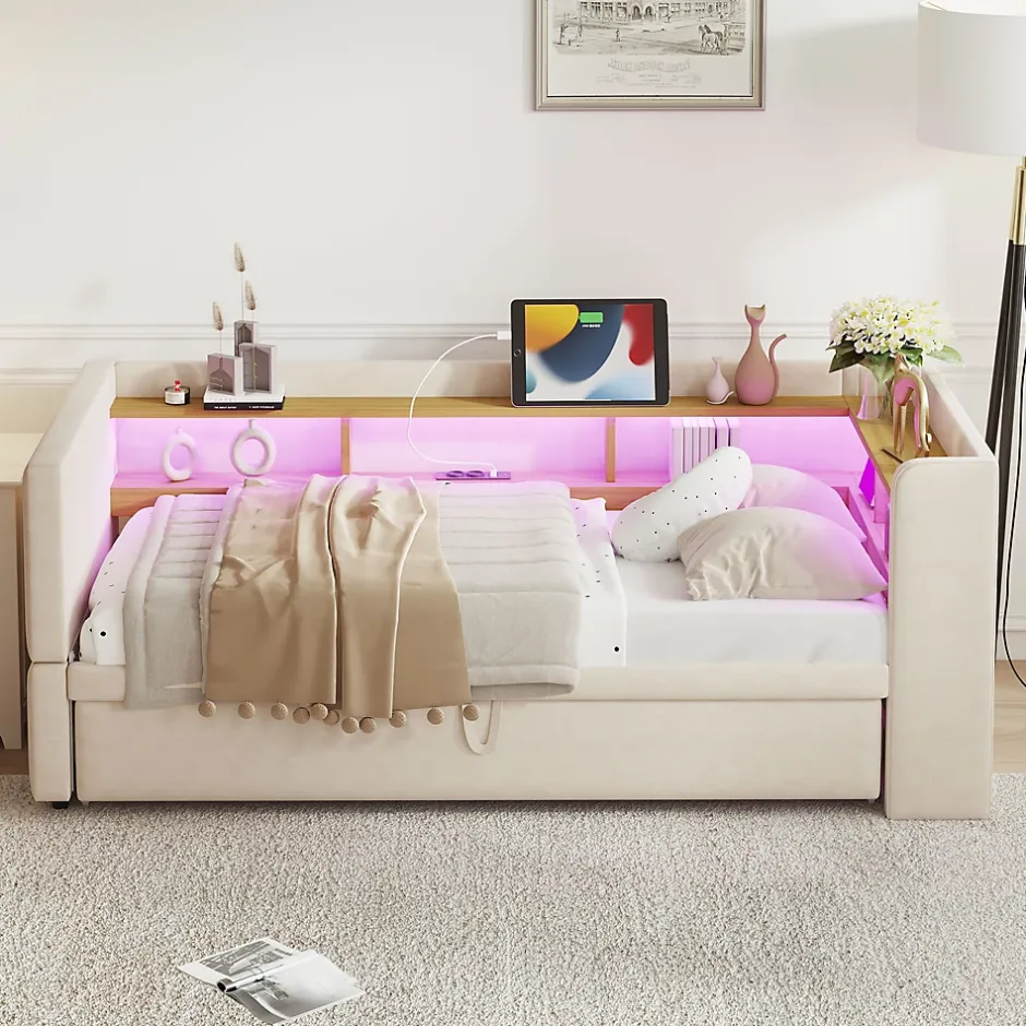 Okwish Lit Gigogne 90/180x190 cm - avec LED et Prise USB, Rangement sous Le Lit, Multifonction en Flanelle et Métal, Beige, Sans Matelas Discount