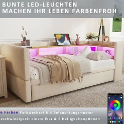 Okwish Lit Gigogne 90/180x190 cm - avec LED et Prise USB, Rangement sous Le Lit, Multifonction en Flanelle et Métal, Beige, Sans Matelas Discount