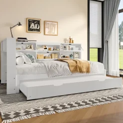 Okwish Lit Gigogne 90x200 cm - avec Lit Tiroir 90x190 cm et Rangement, Lit Multifonction Bois Kiefernholz + MDF + Plywood - Blanc