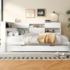Okwish Lit Gigogne 90x200 cm - avec Lit Tiroir 90x190 cm et Rangement, Lit Multifonction Bois Kiefernholz + MDF + Plywood - Blanc