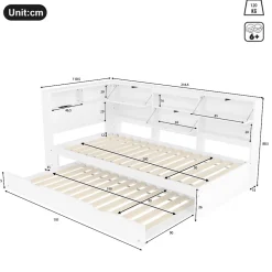 Okwish Lit Gigogne 90x200 cm - avec Lit Tiroir 90x190 cm et Rangement, Lit Multifonction Bois Kiefernholz + MDF + Plywood - Blanc