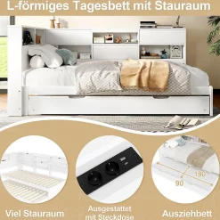 Okwish Lit Gigogne 90x200 cm - avec Lit Tiroir 90x190 cm et Rangement, Lit Multifonction Bois Kiefernholz + MDF + Plywood - Blanc