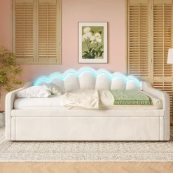 Okwish Lit Gigogne 90/180x200 cm - avec lit tiroir et bande LED multicolore - sans matelas - revêtement en velours doux - Beige
