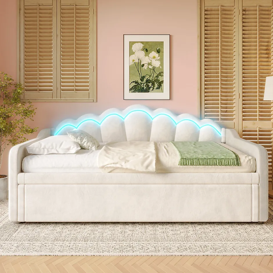 Okwish Lit Gigogne 90/180x200 cm - avec lit tiroir et bande LED multicolore - sans matelas - revêtement en velours doux - Beige