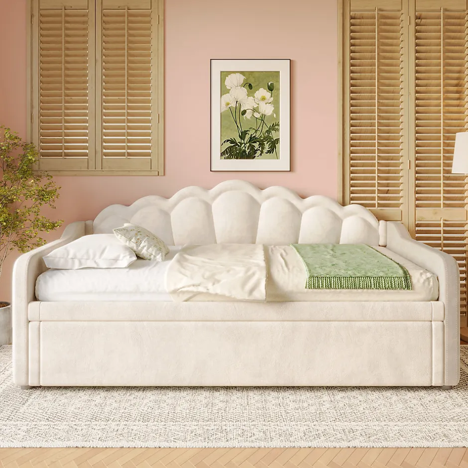 Okwish Lit Gigogne 90/180x200 cm - avec lit tiroir et bande LED multicolore - sans matelas - revêtement en velours doux - Beige