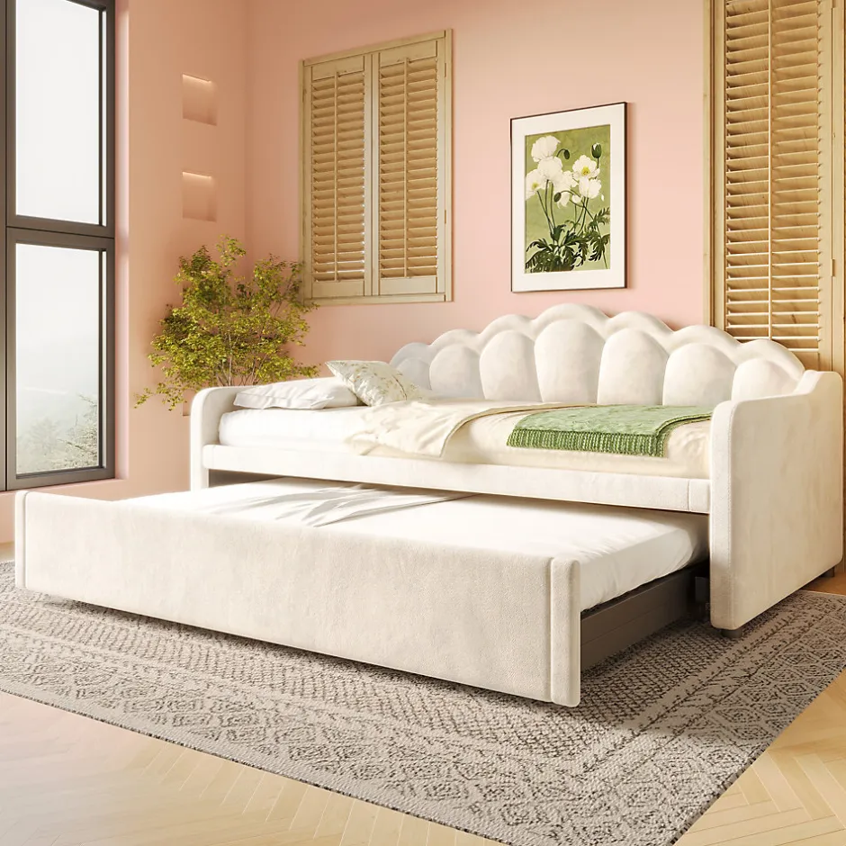 Okwish Lit Gigogne 90/180x200 cm - avec lit tiroir et bande LED multicolore - sans matelas - revêtement en velours doux - Beige