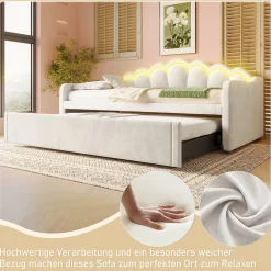 Okwish Lit Gigogne 90/180x200 cm - avec lit tiroir et bande LED multicolore - sans matelas - revêtement en velours doux - Beige