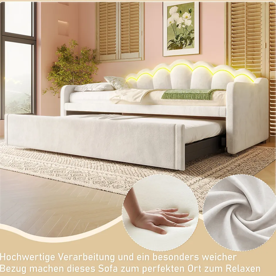 Okwish Lit Gigogne 90/180x200 cm - avec lit tiroir et bande LED multicolore - sans matelas - revêtement en velours doux - Beige