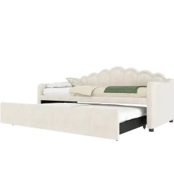 Okwish Lit Gigogne 90/180x200 cm - avec lit tiroir et bande LED multicolore - sans matelas - revêtement en velours doux - Beige