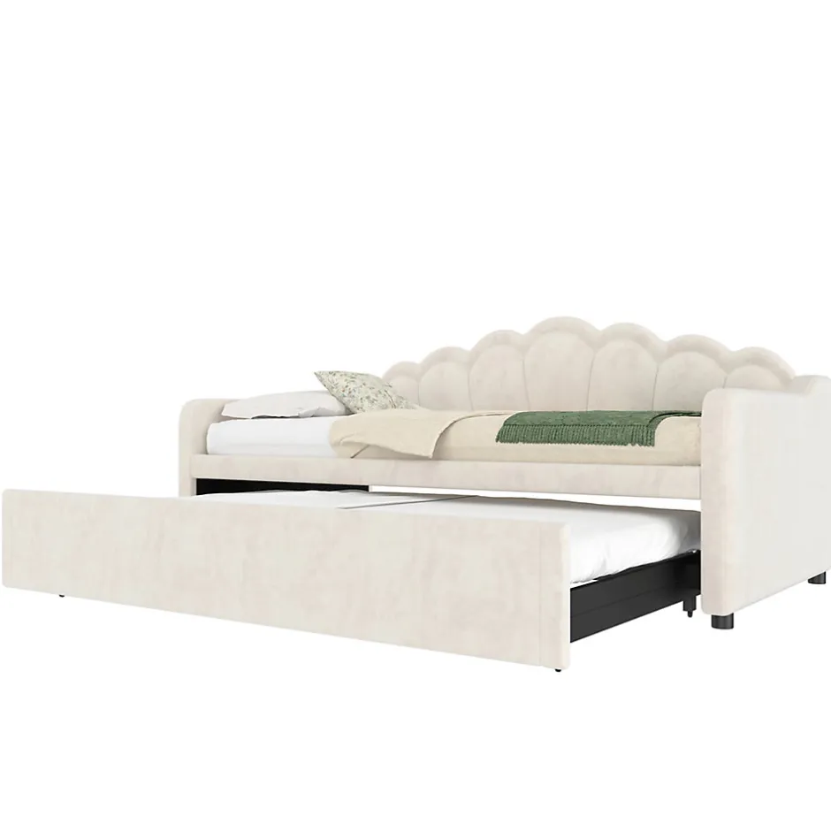 Okwish Lit Gigogne 90/180x200 cm - avec lit tiroir et bande LED multicolore - sans matelas - revêtement en velours doux - Beige