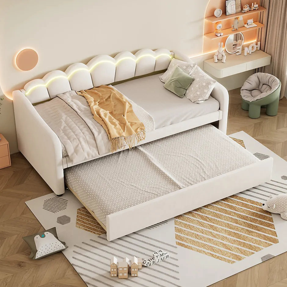 Okwish Lit Gigogne 90x200 cm - avec lit tiroir 90x190 cm et éclairage LED ambiant - sans matelas - revêtement en velours élégant - Beige