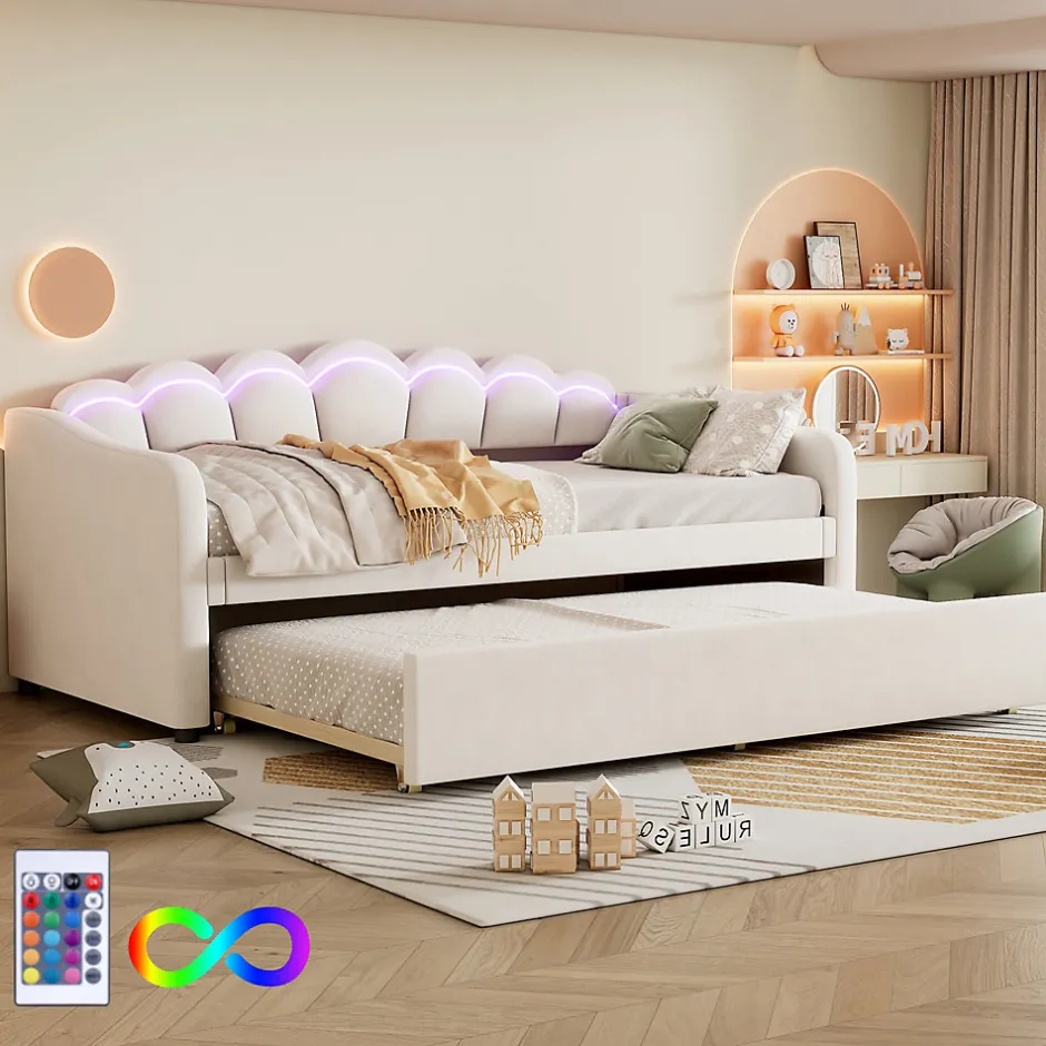 Okwish Lit Gigogne 90x200 cm - avec lit tiroir 90x190 cm et éclairage LED ambiant - sans matelas - revêtement en velours élégant - Beige