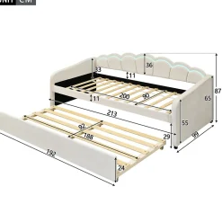 Okwish Lit Gigogne 90x200 cm - avec lit tiroir 90x190 cm et éclairage LED ambiant - sans matelas - revêtement en velours élégant - Beige