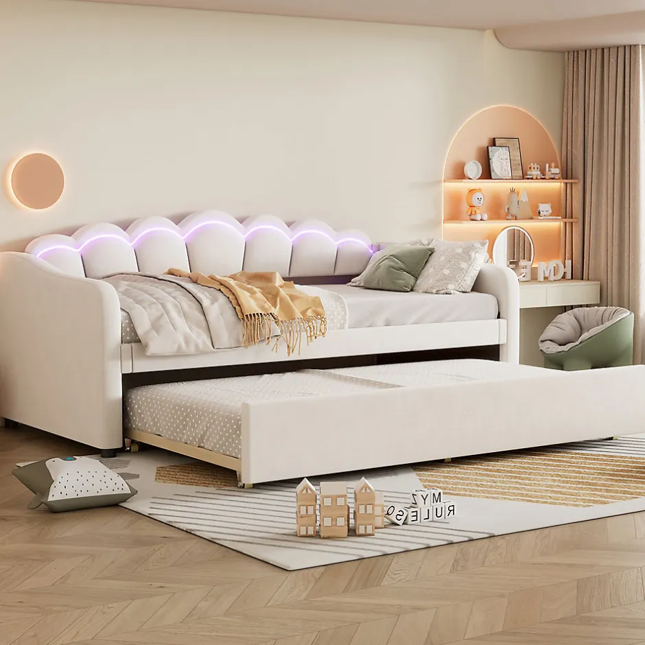 Okwish Lit Gigogne 90x200 cm - avec lit tiroir 90x190 cm et éclairage LED ambiant - sans matelas - revêtement en velours élégant - Beige