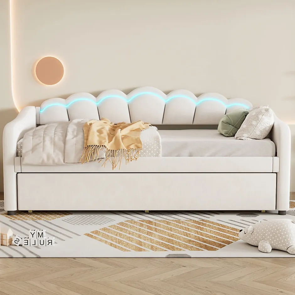 Okwish Lit Gigogne 90x200 cm - avec lit tiroir 90x190 cm et éclairage LED ambiant - sans matelas - revêtement en velours élégant - Beige