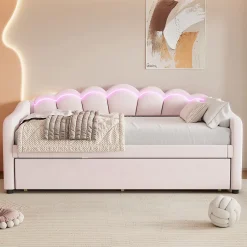 Generique Lit Gigogne 90x200 cm - avec lit tiroir 90x190 cm et éclairage LED ambiant - sans matelas - revêtement en velours doux - Rose Clearance