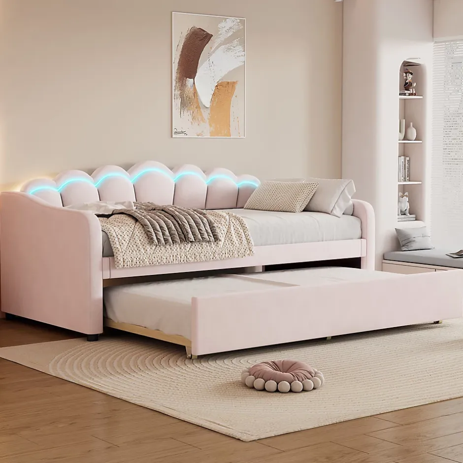 Generique Lit Gigogne 90x200 cm - avec lit tiroir 90x190 cm et éclairage LED ambiant - sans matelas - revêtement en velours doux - Rose Clearance