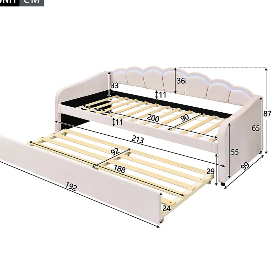 Generique Lit Gigogne 90x200 cm - avec lit tiroir 90x190 cm et éclairage LED ambiant - sans matelas - revêtement en velours doux - Rose Clearance