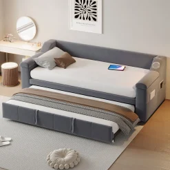 Okwish Lit Gigogne 90x190 cm - avec Rangement sous Le Lit et Haut-Parleur Bluetooth, Port USB, Velours Gris, Sans Matelas