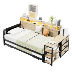 Okwish Lit Gigogne 90x200 cm - Canapé-Lit avec LED, 3 Tiroirs et Rangement Intégré - Métal - Noir Discount