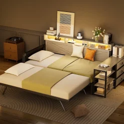 Okwish Lit Gigogne 90x200 cm - Canapé-Lit avec LED, 3 Tiroirs et Rangement Intégré - Métal - Noir Discount