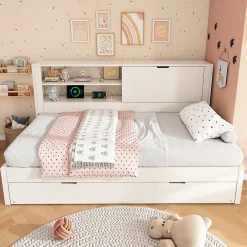 Okwish Lit Gigogne 90x190 cm - Canapé-Lit avec Tête de Lit Rangement, Compartiment Ouvert et USB/USB-C - MDF - Blanc