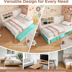 Okwish Lit Gigogne 90x190 cm - Canapé-Lit avec Tête de Lit Rangement, Compartiment Ouvert et USB/USB-C - MDF - Blanc