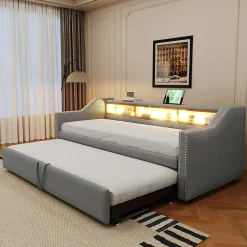 Okwish Lit Gigogne 90/180x190 cm - capitonné avec LED Intégrée et Rangement Sous Le Lit, Port USB, Tissu Gris Clair, Sans Matelas