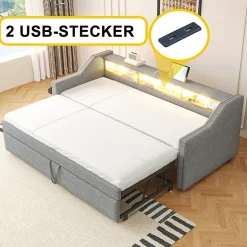 Okwish Lit Gigogne 90/180x190 cm - capitonné avec LED Intégrée et Rangement Sous Le Lit, Port USB, Tissu Gris Clair, Sans Matelas