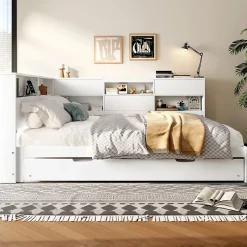 Okwish Lit Gigogne 140x200 cm - Daybed Multifonction avec Tête de Lit et Lit Tiroir - Sans Matelas - Bois Blanc Discount