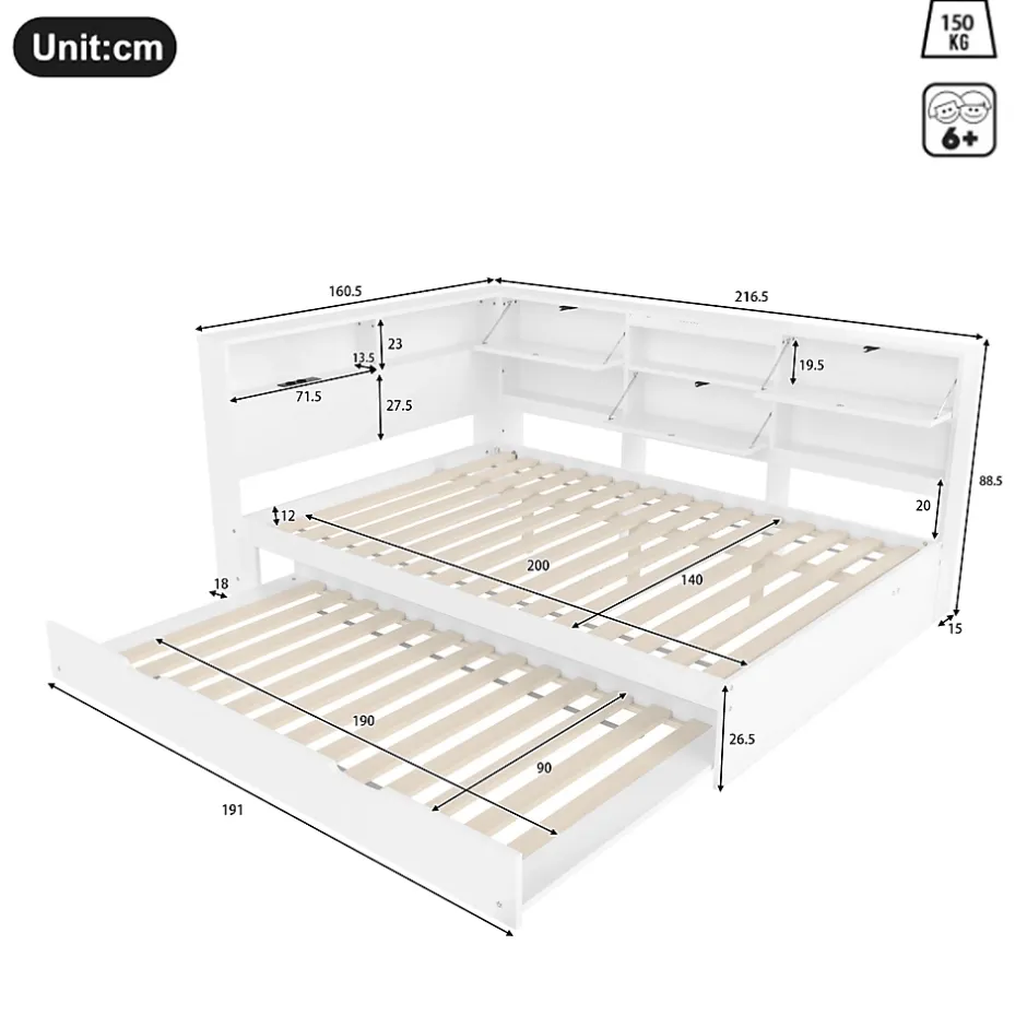 Okwish Lit Gigogne 140x200 cm - Daybed Multifonction avec Tête de Lit et Lit Tiroir - Sans Matelas - Bois Blanc Discount