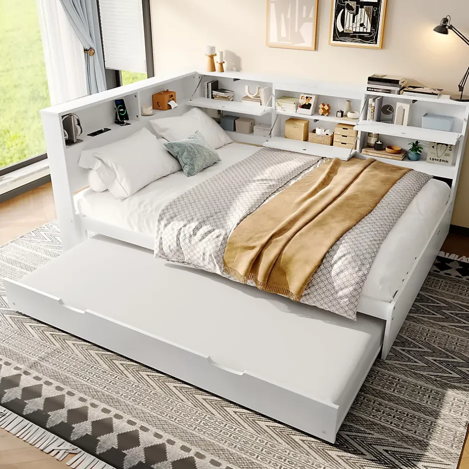 Okwish Lit Gigogne 140x200 cm - Daybed Multifonction avec Tête de Lit et Lit Tiroir - Sans Matelas - Bois Blanc Discount